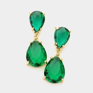 Green Gold Dangle Crystal Teardrop Earrings 1.4 Inch Evening Drop Link Womens